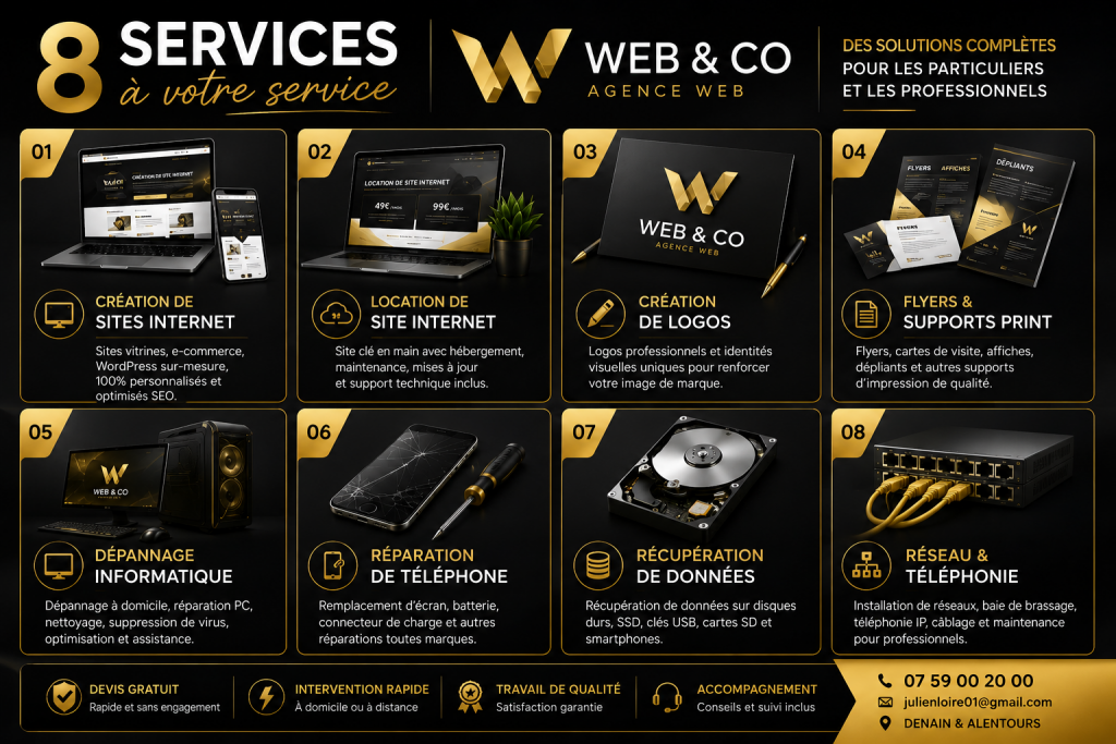 Présentation des 8 services Web & Co : création de site internet, location de site internet, création de logo, supports d'impression, dépannage informatique, réparation de téléphone, récupération de données et installation de réseaux informatiques à Denain et partout en France.